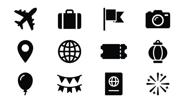 Set of twelve travel and vacation themed icons on transparent background
