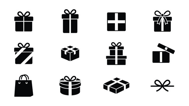 Various stylish gift box icons with ribbons and shopping bag illustration set