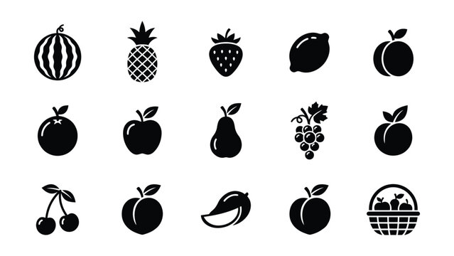 Set of various black and white fruit icons with transparent background