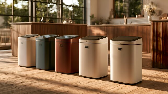 Modern kitchen interior with multiple stylish automatic sensor trash cans in various colors