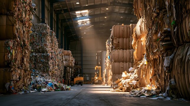Large warehouse filled with stacks of compressed cardboard and paper for recycling, with forklifts visible