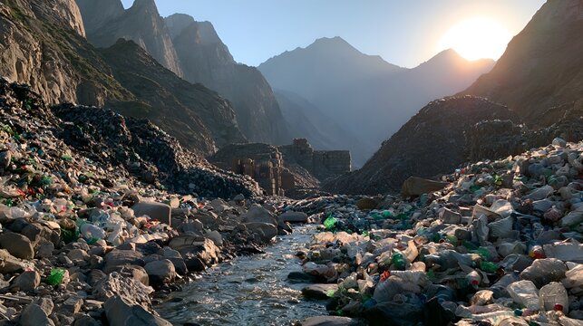 Polluted mountain valley with river flowing through plastic waste at sunset