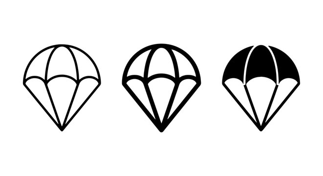 Parachute Icons Set, Vector Graphics, Black and White, Simple Outline and Solid Fill Styles