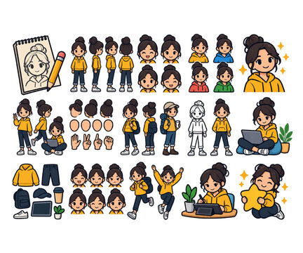 Girl character vector icon set for drawing, poses, expressions, outfits, devices, school and creative activities