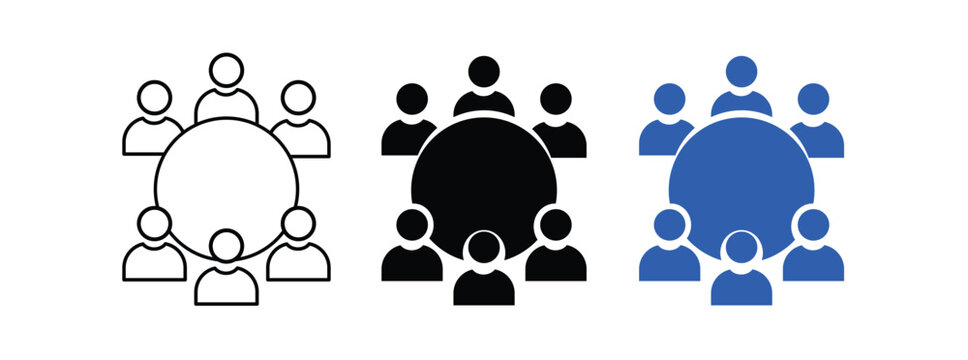 Set of icons representing a group of people sitting around a round table, business meeting and discussion concept