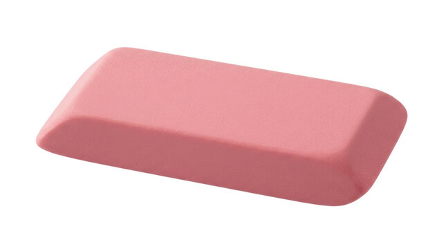 Pink rubber eraser for pencil marks and office supplies. A classic school tool for correction, perfect for education, drafting, drawing, and creative design concepts.