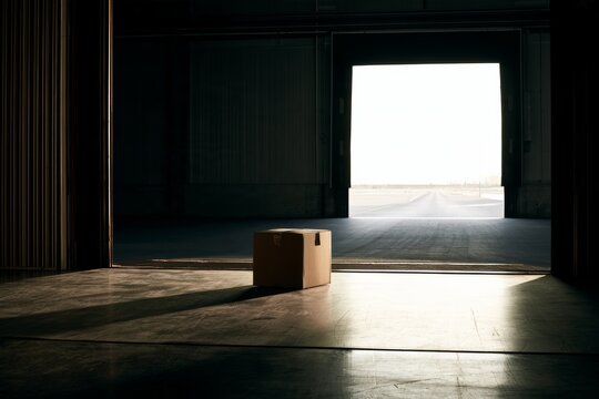 Box resting near an open door in an empty warehouse during early morning light