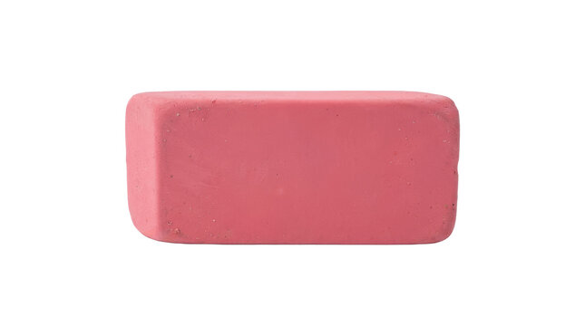 Pink rubber eraser for pencil marks. A practical school supply or office tool for correcting mistakes and drawing. Essential stationery object for students and artists.