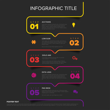This modern infographic template features a five steps process workflow diagram. Use this infographic template to visualize your business process with colorful glowing steps.