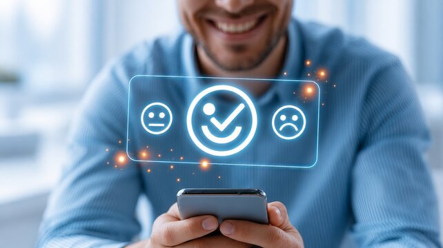 Smiling customer using smartphone with glowing satisfaction rating icons and blue digital feedback interface in modern office