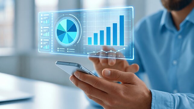 Business professional holding smartphone with glowing blue digital analytics dashboard, pie chart and growth graph in modern office