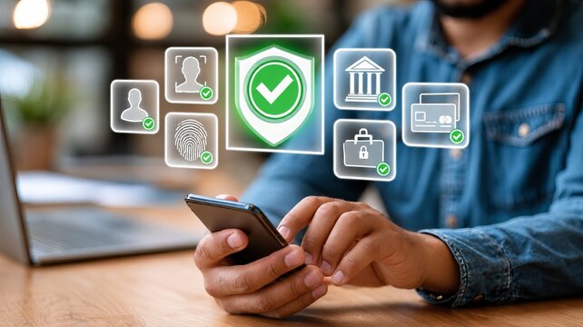 Business professional using smartphone with glowing digital identity verification and cybersecurity icons, secure mobile banking concept in modern office