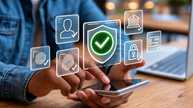 Business professional using smartphone with glowing digital identity verification and cybersecurity icons, secure mobile banking concept in modern office