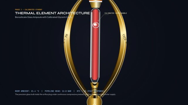 3D animation showing the step by step activation process of a fire sprinkler system, detailing the thermal element rupture, glass ampoule shattering, and water discharge to suppress fire