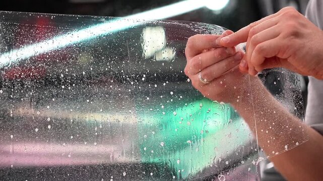 Master installs a protective transparent polyurethane film on a car windshield, before application copiously wetting it with a soapy mixture. Clear wrap protects glass from stone chips, scratches, UV.