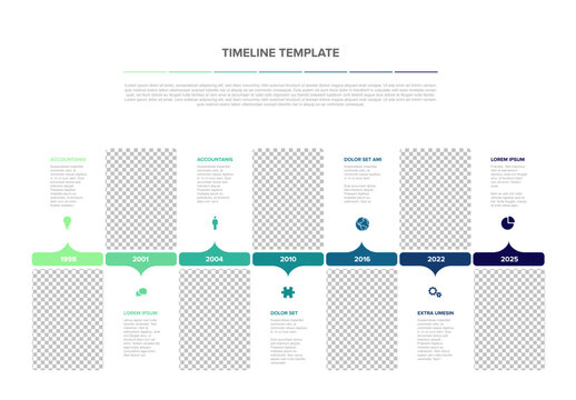 This professional timeline template features a horizontal roadmap design with image placeholders. Customize the timeline template to showcase company history or project milestones.