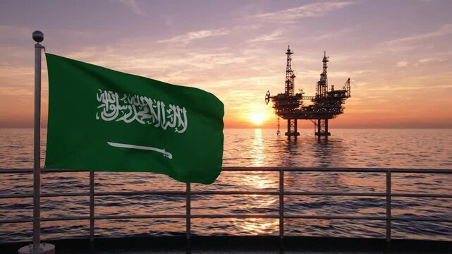 Saudi arabia flag waving at sunset with offshore oil rig platform in the background, petroleum