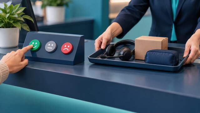 customer service experience personalization. Person pressing a green smiley face button on a customer satisfaction feedback panel at a service counter.