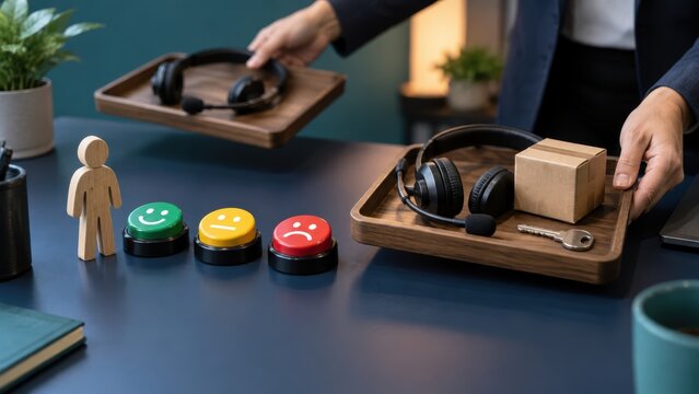 customer service experience personalization. Customer service feedback concept with satisfaction buttons and headset on tray
