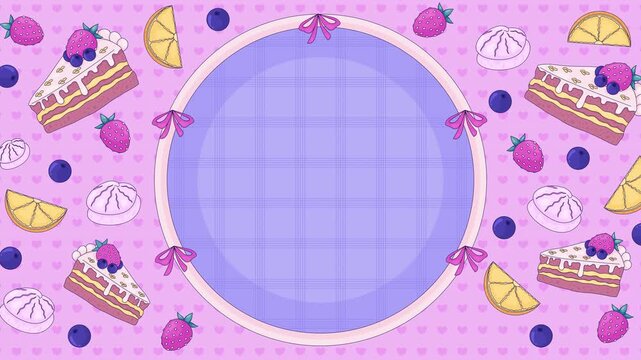 Kawaii dessert frame with cake berries and citrus fruit animated background. Coquette sweet border. Pastries floating. Cute anime circular space 4K video. Flat 2D cartoon backdrop animation