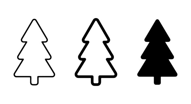 Christmas Tree Icons, Festive Evergreen Vector Graphics, Winter Holiday Symbols, Simple Outline and Silhouette