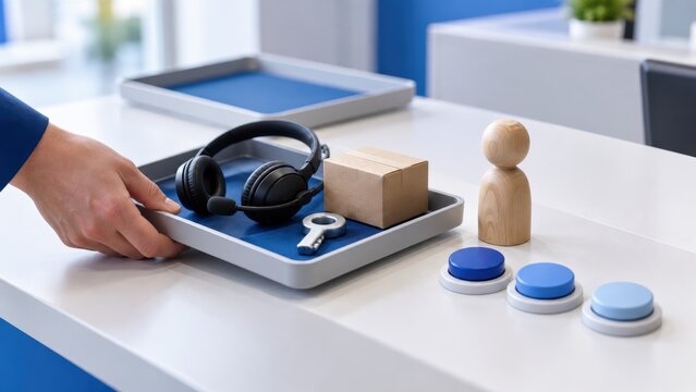 customer service experience personalization. Security checkpoint tray with personal items and a hand placing it on the counter