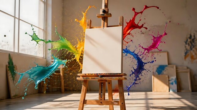 Wooden easel holding a blank canvas surrounded by colorful paint splashes in studio