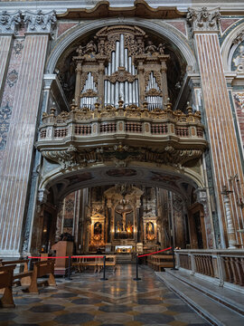 Grand Pipe Organ Above Church Nave Interior, Naples, Italy