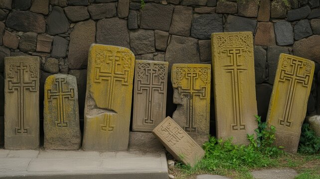 Ancient stone crosses (Khachkars) against a weathered stone wall