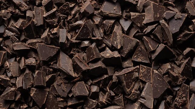 Broken crushed dark chocolate bits on background rotates, close up. Sweet food