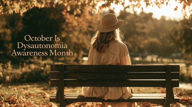 International Dysautonomia Awareness Month:banner photograph of a young woman sitting on a park bench during a walk, autumn park setting, the words "October Is Dysautonomia Awareness Month"