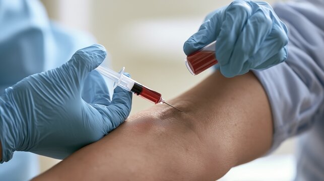 International Dysautonomia Awareness Month:a phlebotomist drawing a blood sample from a patient's arm for electrolyte and hormone testing, close-up on the needle and vial, sterile clinical environment
