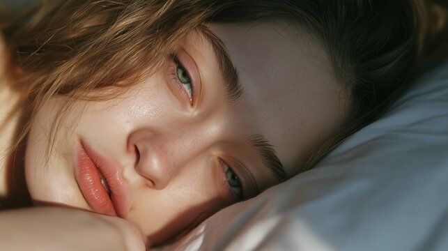 International Dysautonomia Awareness Month:a young woman resting her head against a pillow, eyes half-closed with an expression of exhaustion and fatigue, pale soft skin tone