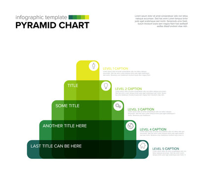This green pyramid chart infographic template features five layered steps. Use this versatile pyramid chart infographic template for business presentations and data visual hierarchy.