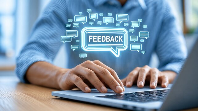 Business professional typing on laptop with glowing customer feedback interface and speech bubble icons in modern office