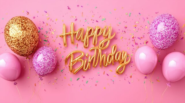 A festive pink background with colorful confetti, gold and pink balloons, and a shiny gold "Happy Birthday" balloon sign.