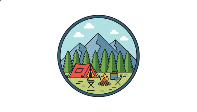 Detailed circular camping emblem showing a red tent, campfire, and chairs near a pine forest and high mountain peaks.