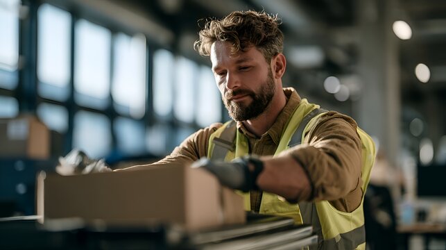 Warehouse worker in safety vest carefully packing a cardboard box with gloves on