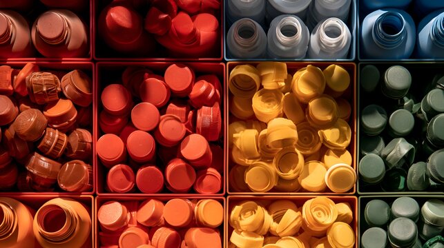 Collection of colorful plastic bottle caps sorted by color in containers for recycling