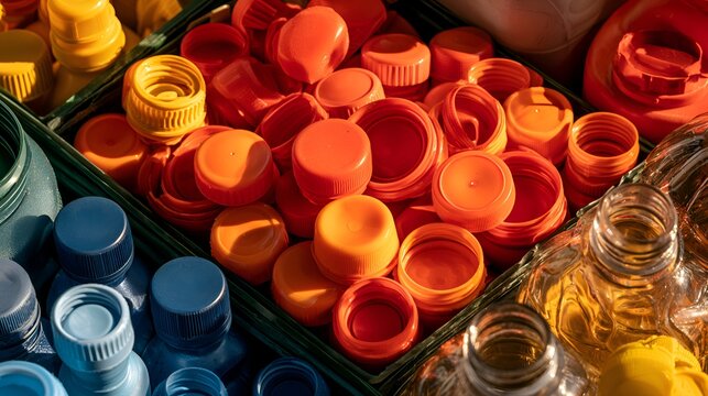 Collection of colorful plastic bottle caps and containers for recycling