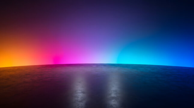Empty Dark Studio Floor with Vibrant Gradient Neon Light Background