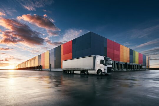 Large warehouse with truck parked during sunset