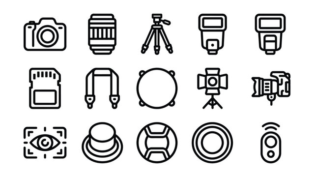 Collection of black line icons representing various photography equipment and accessories
