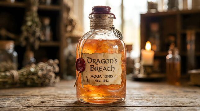 Magic potion bottle with dragons breath label on wood table
