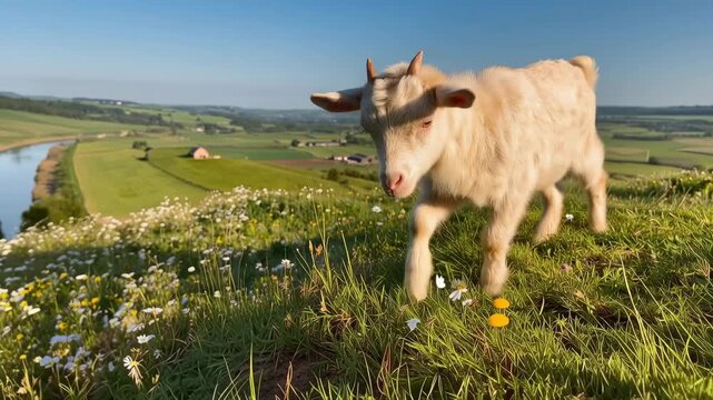 White goat kid walking on green meadow with wildflowers. Farm animal grazing on hillside with river valley and rural landscape at sunset.