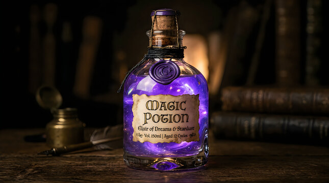 Purple magic potion bottle on a dark wooden table