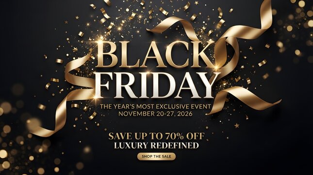 Luxury black friday sale event banner with gold ribbons and confetti on a dark background, featuring up to 70 percent off and shop the sale button