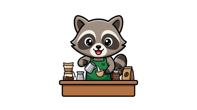 Cute Raccoon Barista Making Coffee Vector Illustration