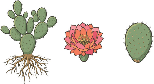 Detailed illustration of a prickly pear cactus with roots flower and pad