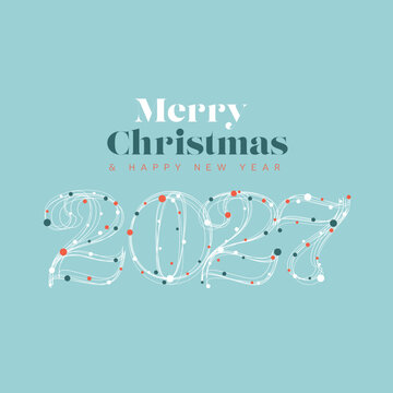 Celebrate the New Year 2027 with this elegant greeting card design. The creative New Year 2027 typography features festive light blue colors and artistic line art for the holiday season.